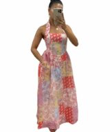 Pink Diamond Patchwork Halter Maxi Drs