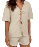 By Frankie Waffle Tie Front Beige Sh
