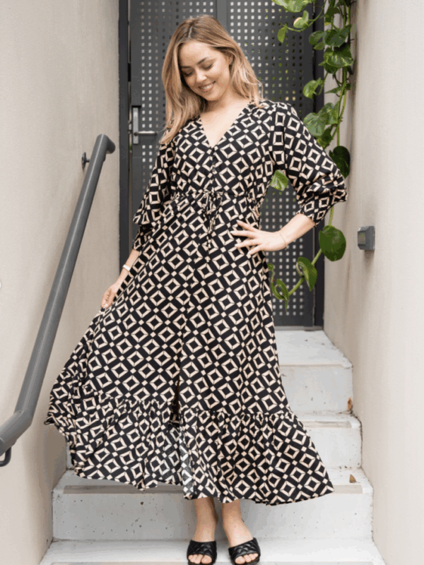 Fria Silver Wishes Mono Tile Maxi Dress